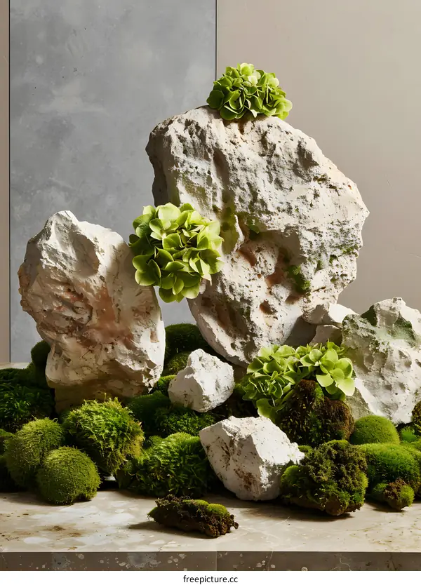 Green Moss and White Rock Still Life Photography