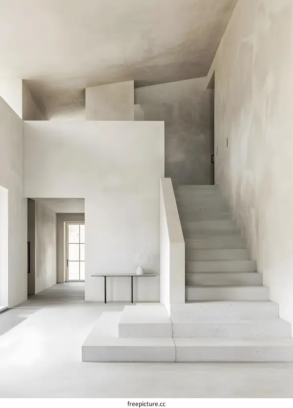 Modern Minimalist Home Interior Design With White Walls And Concrete Stairs
