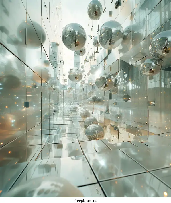Mirrored Hallway with Floating Spheres: A Futuristic Vision