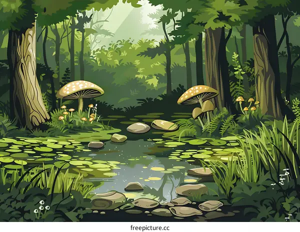 Forest Pond with Mushrooms and Lily Pads