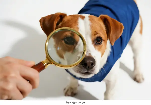 Close-up view of a dog being examined with a magnifying glass