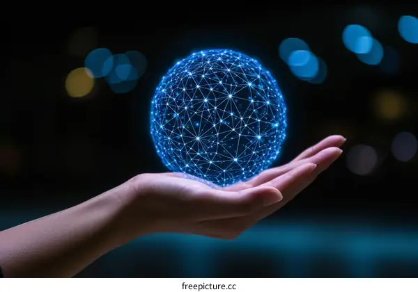 Hand holding a glowing blue globe of network connections representing the internet