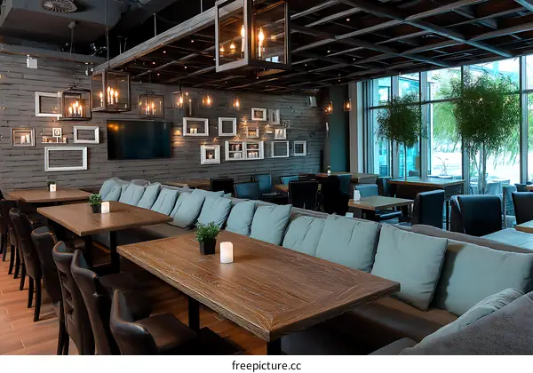 Modern Restaurant Interior Design with Large Windows