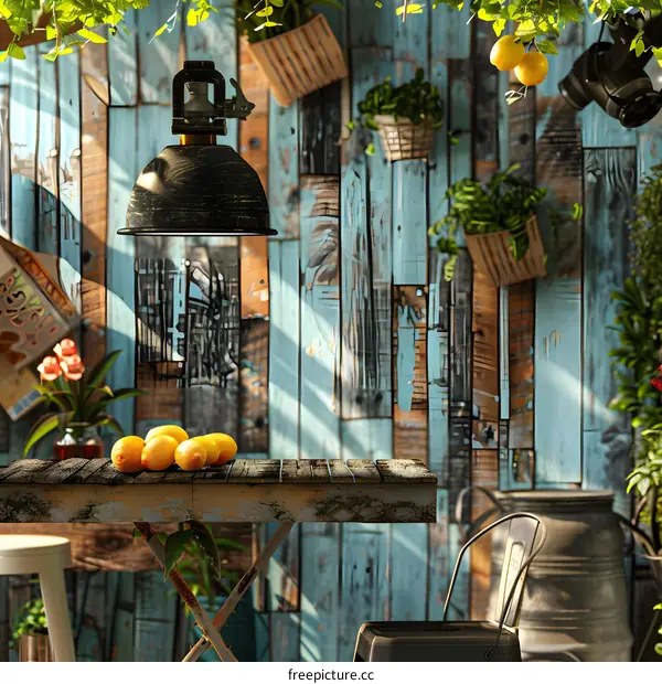 Rustic Wooden Table With Hanging Plants And Lemons