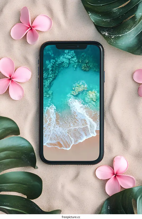 Tropical Beach Wallpaper on Phone Screen with Flowers and Leaves