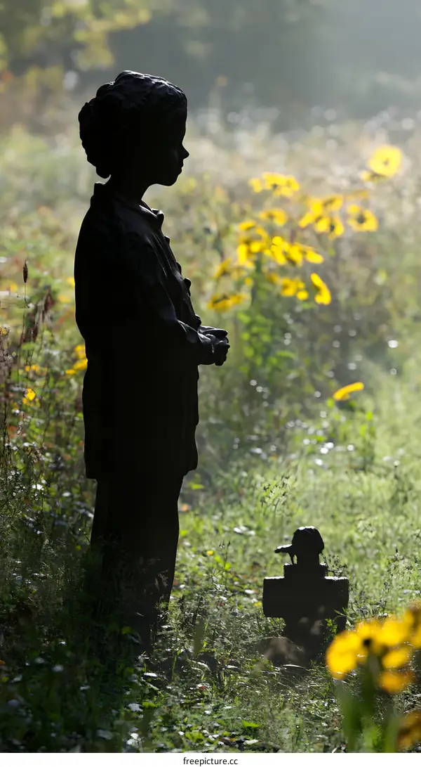 Silhouette of a Child Statue in a Field of Flowers