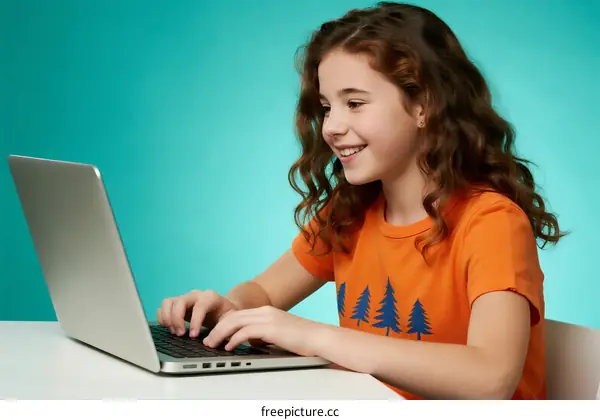 Young girl using laptop for online learning at desk