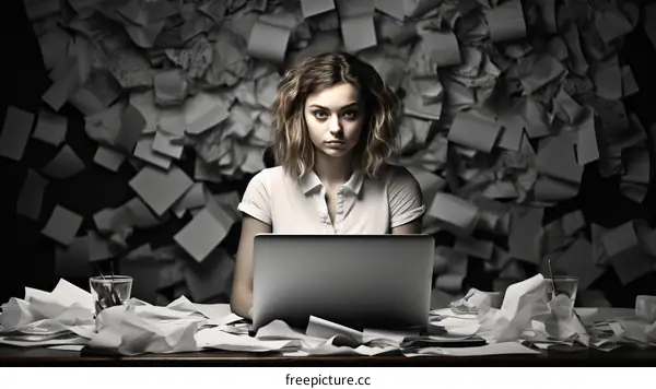 Young woman looking overwhelmed by paperwork