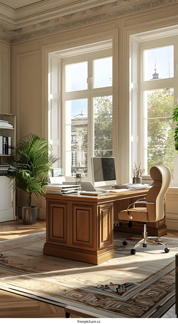 Luxury home office interior with large windows and a wooden desk