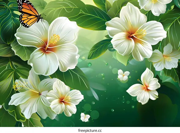 White hibiscus flowers with a monarch butterfly