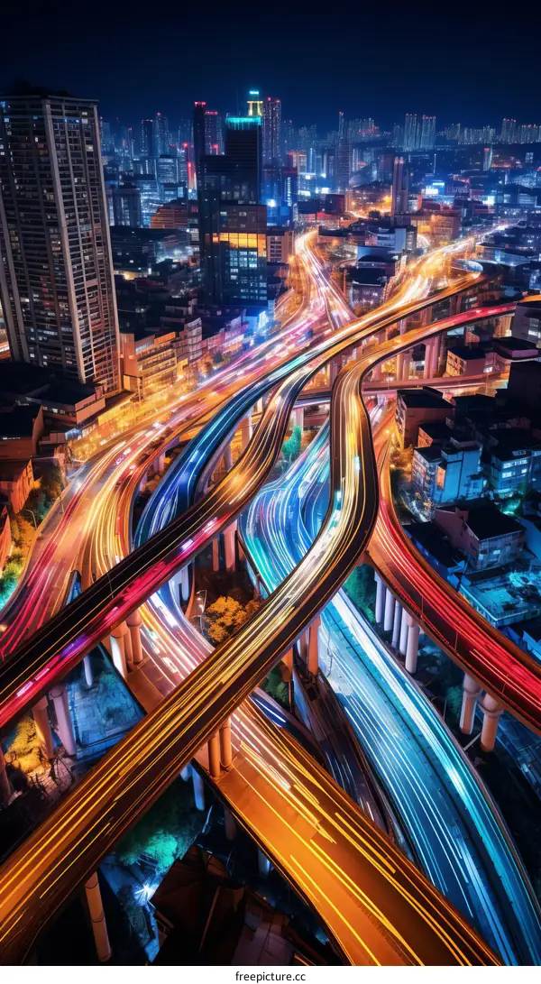 A complex urban highway interchange at night with colorful light trails from the cars