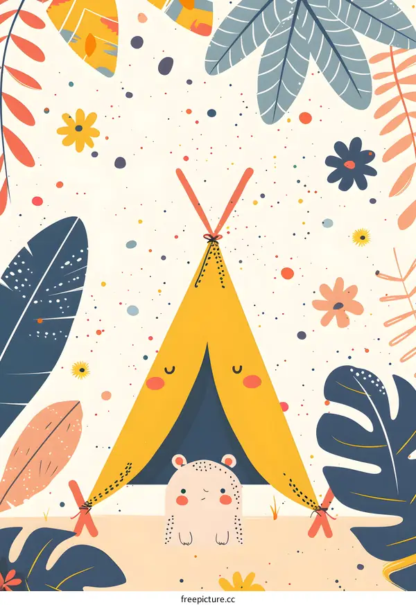 Cute Animal Illustration with Tent and Tropical Leaves