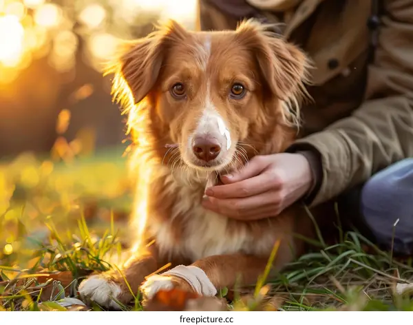Cute dog with a bandage on its paw being pet by a human