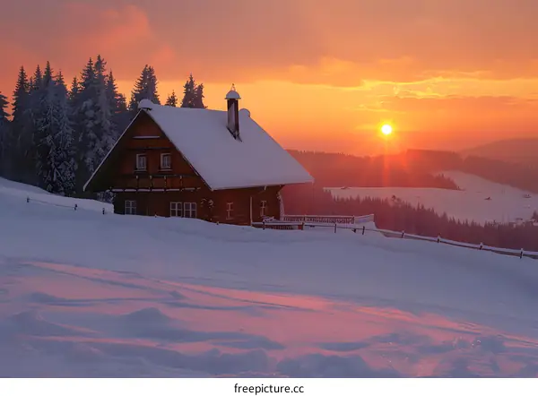 Snowy Cabin with a Sunset View in the Mountains