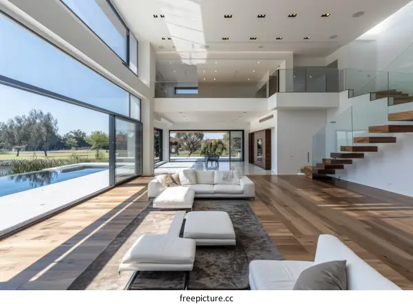 Modern house interior with swimming pool