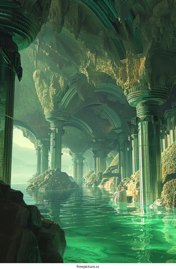 Mystical Green Temple Ruin in the Middle of a Lake