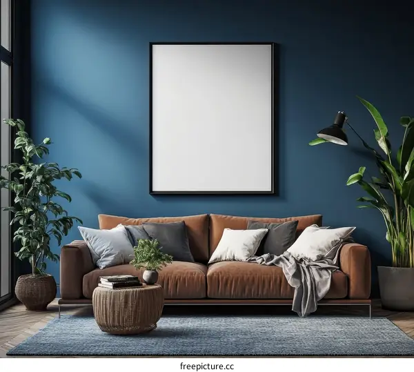 Modern Cozy Living Room Mockup with Empty Frame