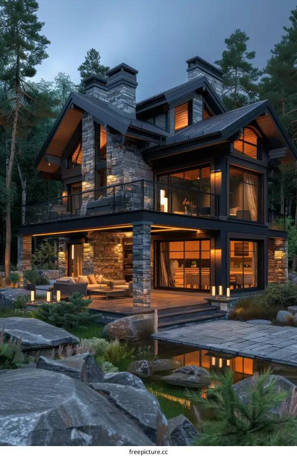 Modern mountain house exterior with large glass windows at dusk