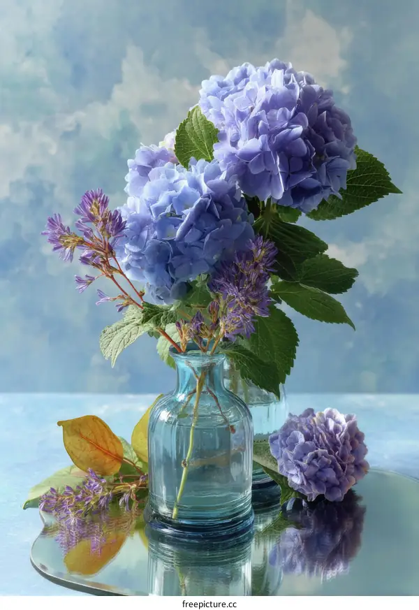 Beautiful Floral Arrangement in Teal Glass Vases