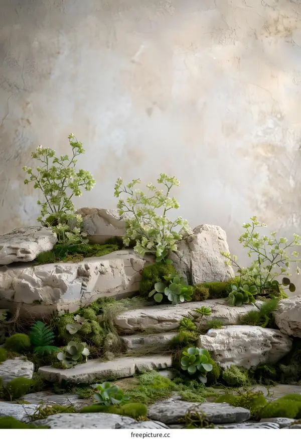 Stone Steps With Green Moss and Flowers