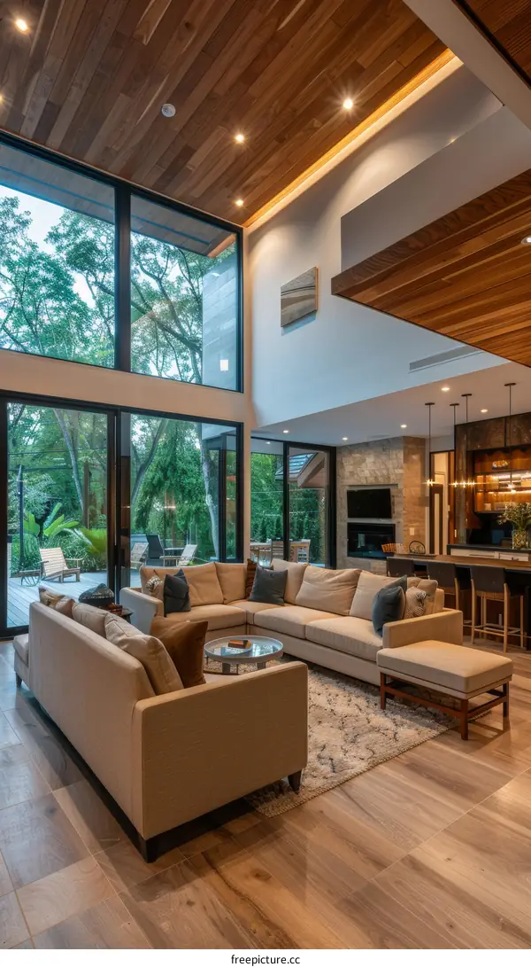 Modern Living Room with High Ceiling and Large Windows