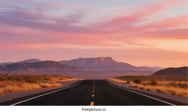 A long road stretching into the distance under a colorful sky