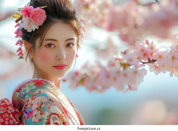 Portrait of a beautiful Japanese woman in traditional kimono with cherry blossoms