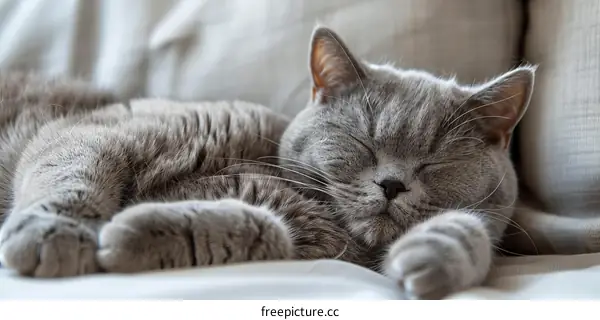 A gray cat is sleeping on a white blanket