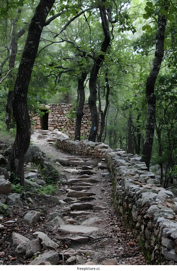 Stone hut in the middle of a lush forest