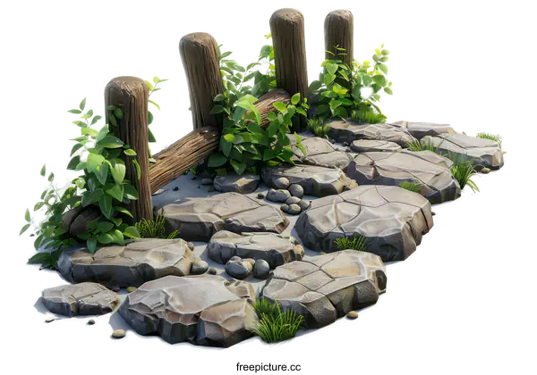 [Transparent Background PNG]Wooden Fence with Rocks and Grass