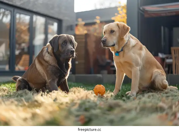 Two dogs sitting on the grass looking at each other