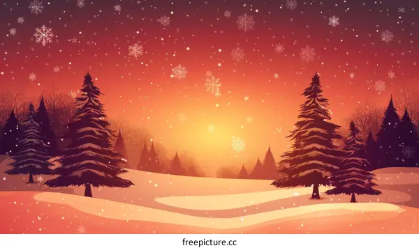 Snowy Landscape with Pine Trees at Sunset