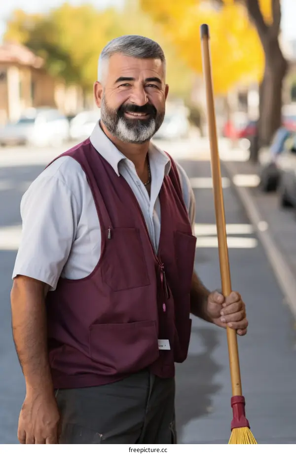 Street sweeper with beard smiling at the camera
