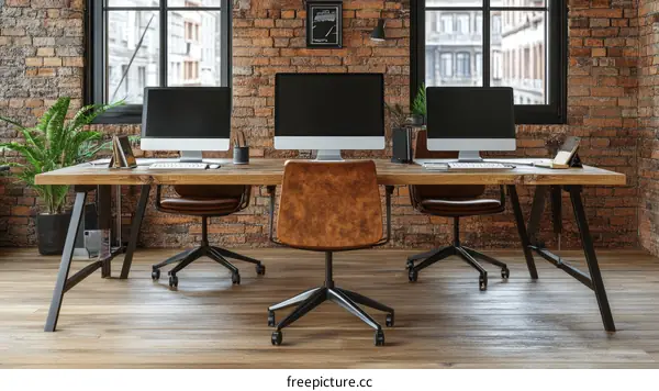 Modern Industrial Office Workspace with Wooden Table and Leather Chairs