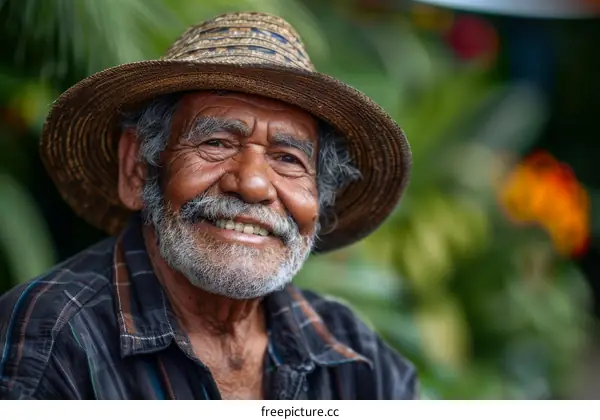 Smiling Elderly Latin Man in Straw Hat Portrait