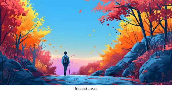 Man Walking Through Autumn Forest with Backpack