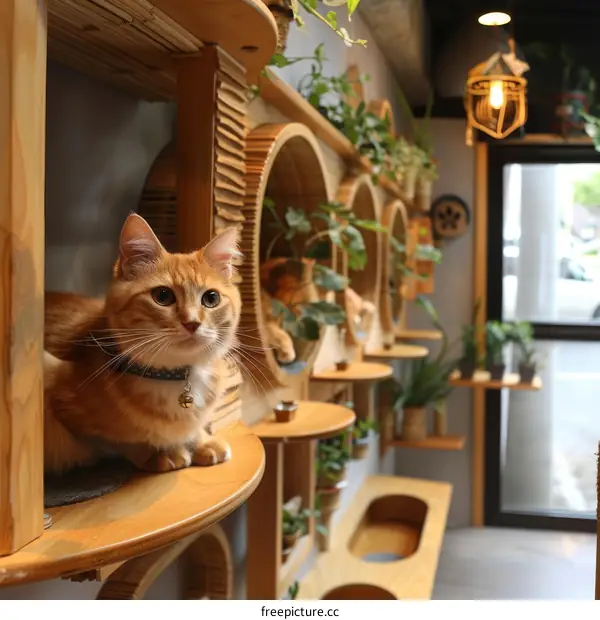 A ginger cat sitting on a wooden shelf in a cat cafe