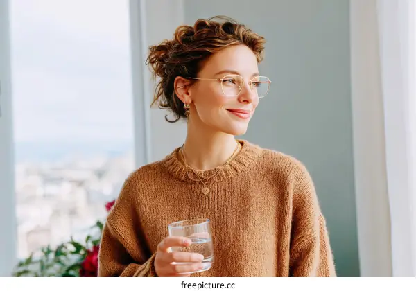 Woman with Glasses and Water Drinking