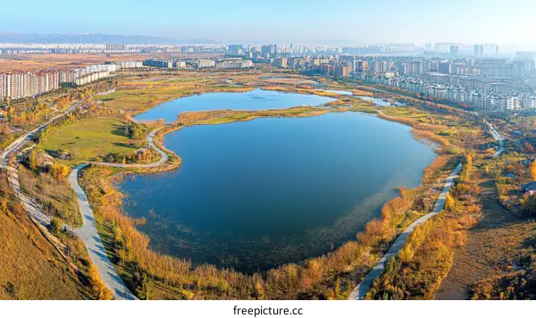 Aerial View of City Park and Lake Landscape