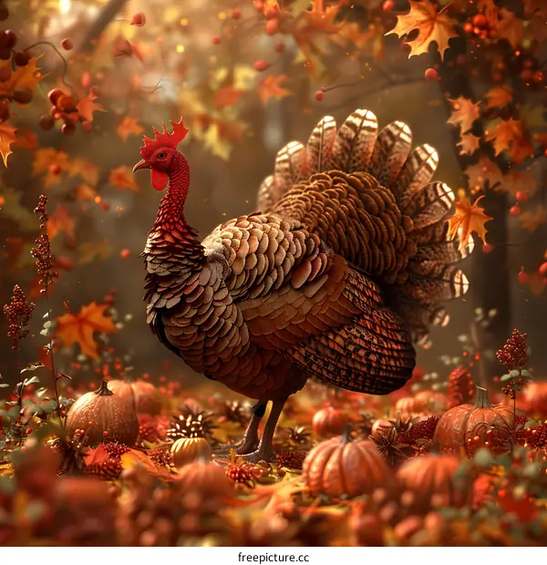 A turkey standing in a forest full of fallen red leaves