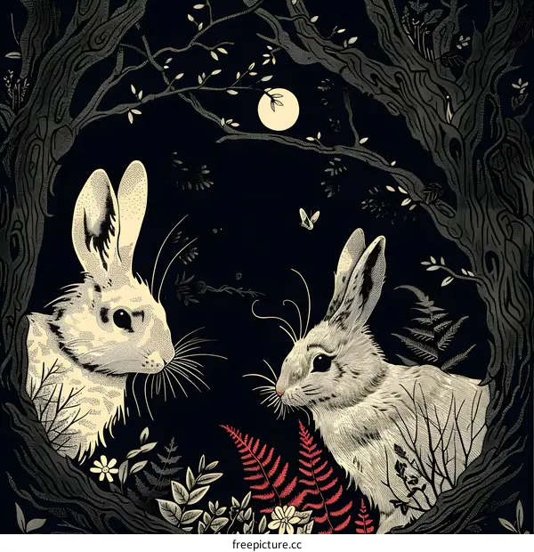 Two White Rabbits in the Forest Under a Full Moon