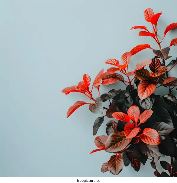Red Leaves on Blue Background Minimalist Nature Photography