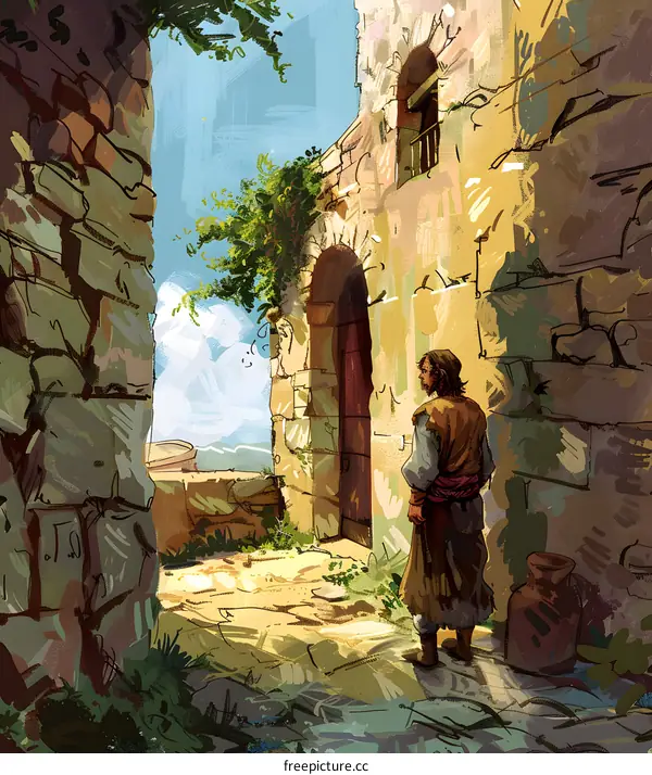 Man Standing in Narrow Stone Street, Looking at the Open Door in Front of an Old Stone House