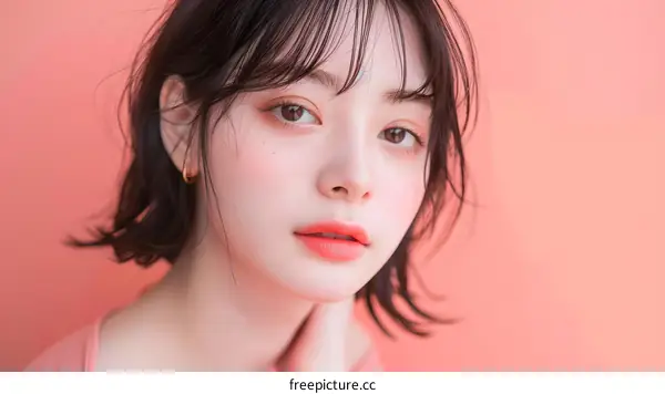 Portrait of a Young Woman with Short Hair and Pink Background