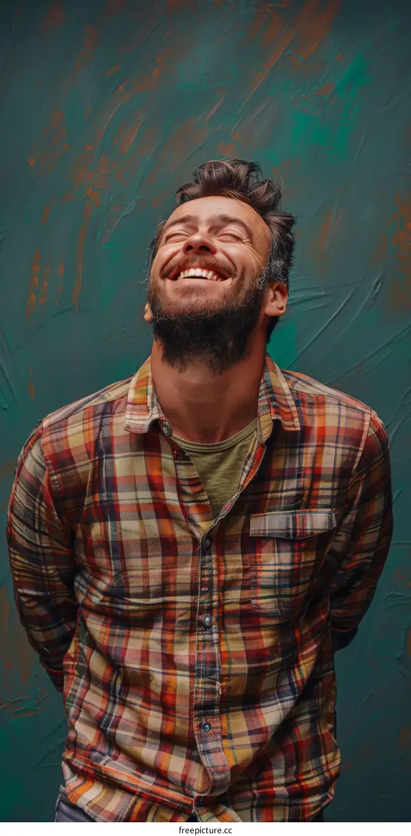 Happy Caucasian Man Posing Against Teal Background