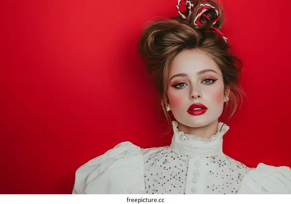 Fashion Portrait of a Young Woman with Exquisite Makeup and Hairstyle