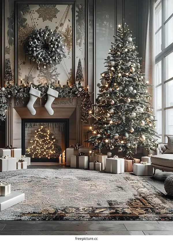 Christmas Tree with Presents in a Cozy Living Room