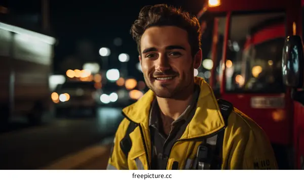 Portrait of a smiling young male firefighter in protective gear standing in front of a fire truck at night