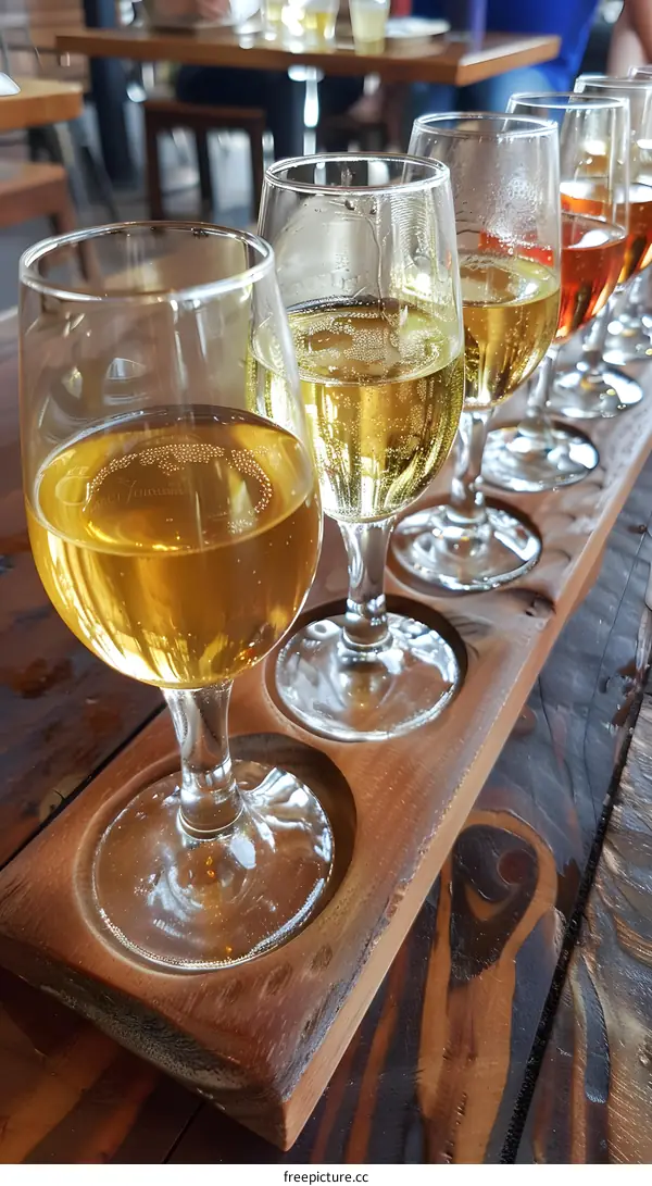 Tasting Flight of Beer in Glasses on Wooden Tray