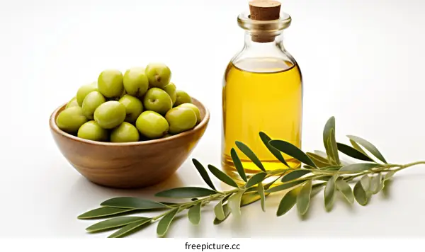 Green Olives and Olive Oil with an Olive Branch in a Wooden Bowl